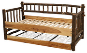Mount of the Holy Cross Hickory Daybed with trundle extended and mattresses removed to show both slat roll supports