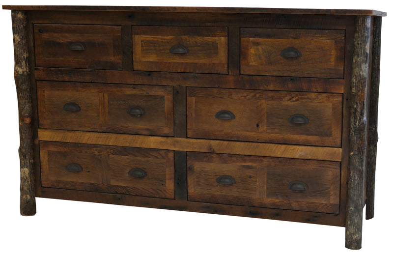 Angled view of the Mount Oklahoma Barnwood and Hickory Dresser showing seven drawers framed by hickory log accents