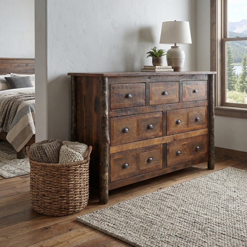 Mount Oklahoma Barnwood and Hickory Dresser beside a bed with a woven basket and table lamp in a bright bedroom