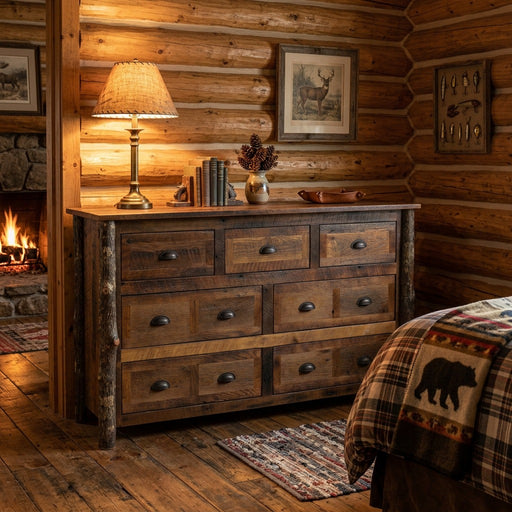 Mount Oklahoma Barnwood and Hickory Dresser with a lamp and books beside a stone fireplace in a log cabin bedroom