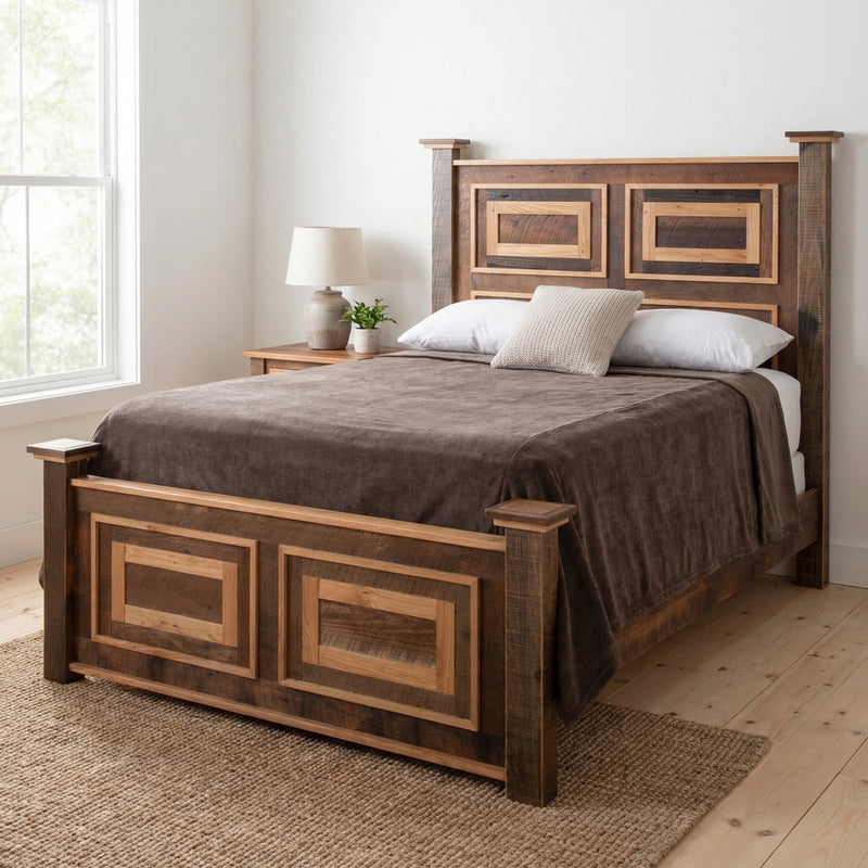 Mount Orton Reclaimed Barnwood Framed Panel Bed with brown bedding in a bright bedroom