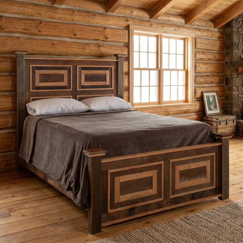 Mount Orton Reclaimed Barnwood Framed Panel Bed staged in a sunlit log cabin bedroom