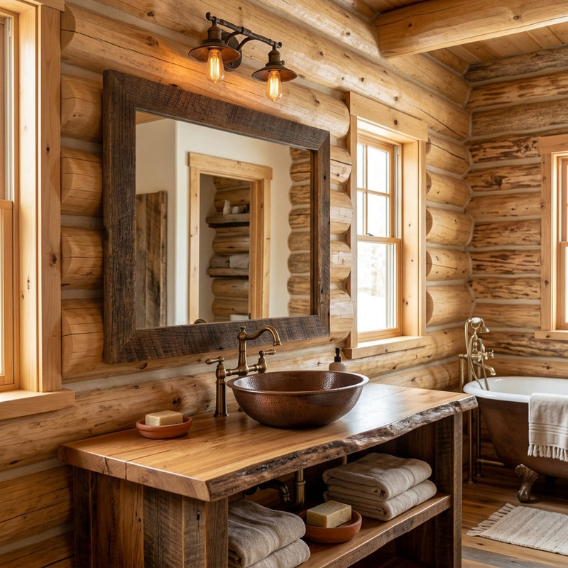 Mount Oso Reclaimed Barnwood Mirror staged in a sunlit log cabin bathroom
