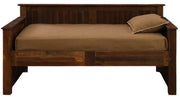 Front view of the Mount Ouray Reclaimed Barnwood Daybed without trundle with a brown mattress and pillow