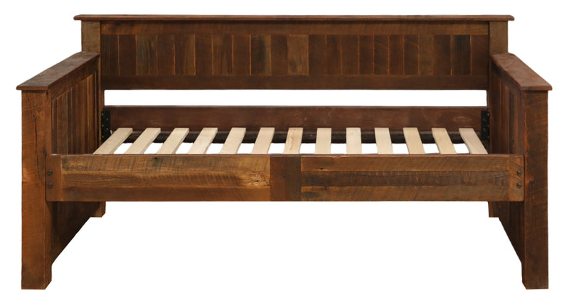 Mount Ouray Reclaimed Barnwood Daybed without mattress showing the included slat roll and reclaimed plank back panel