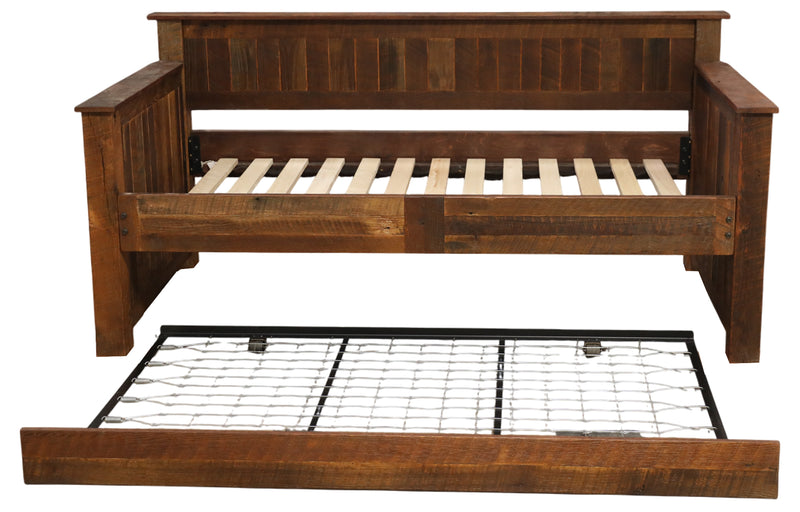 Mount Ouray Reclaimed Barnwood Daybed with trundle extended showing the slat roll supports on both sleeping levels
