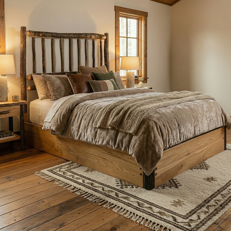 Mount Oxford Hickory Log Platform Bed with plaid and fur bedding on a patterned rug in a warm wood-floored cabin bedroom