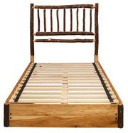 Front view of the Mount Oxford Hickory Log Platform Bed with bark-on hickory spindle headboard and solid platform rails