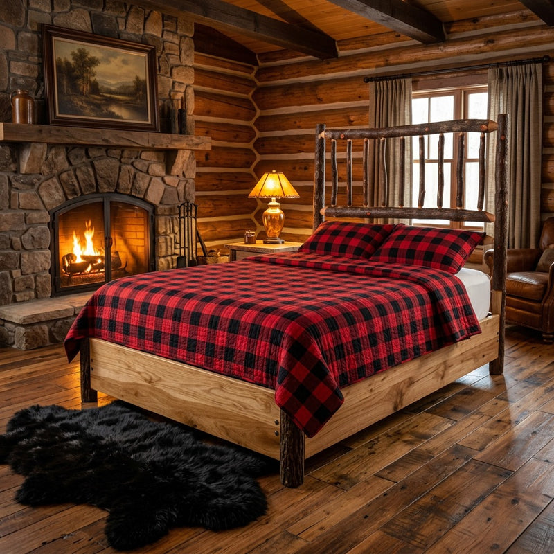 Mount Oxford Hickory Log Platform Bed staged with a red buffalo plaid quilt beside a stone fireplace in a log cabin bedroom