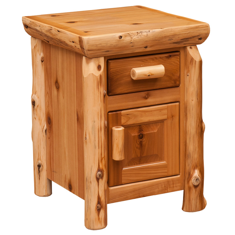 Angled view of the Mount Parnassus Cedar Log Enclosed Nightstand showing the drawer, cabinet door, and cedar log posts