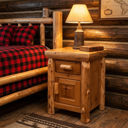Mount Parnassus Cedar Log Enclosed Nightstand with a lamp beside a buffalo plaid log bed in a cabin bedroom