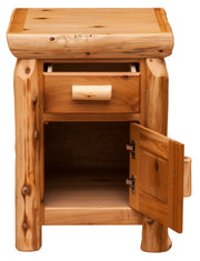 Front view of the Mount Parnassus Cedar Log Enclosed Nightstand with the drawer and door open