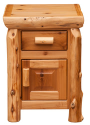 Front view of the Mount Parnassus Cedar Log Enclosed Nightstand with a raised-panel cabinet door