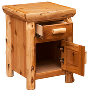 Angled view of the Mount Parnassus Cedar Log Enclosed Nightstand with the drawer and cabinet door open