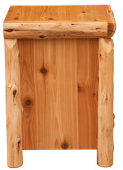Side view of the Mount Parnassus Cedar Log Enclosed Nightstand showing the cedar side panel
