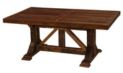 Angled view of the Mount Patterson Reclaimed Barnwood Homestead Dining Table with the Artisan Top