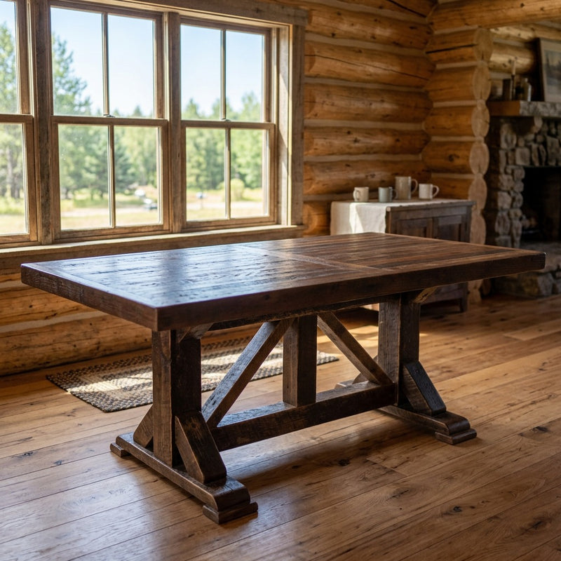 Mount Patterson Reclaimed Barnwood Homestead Dining Table staged in a sunlit log cabin dining room
