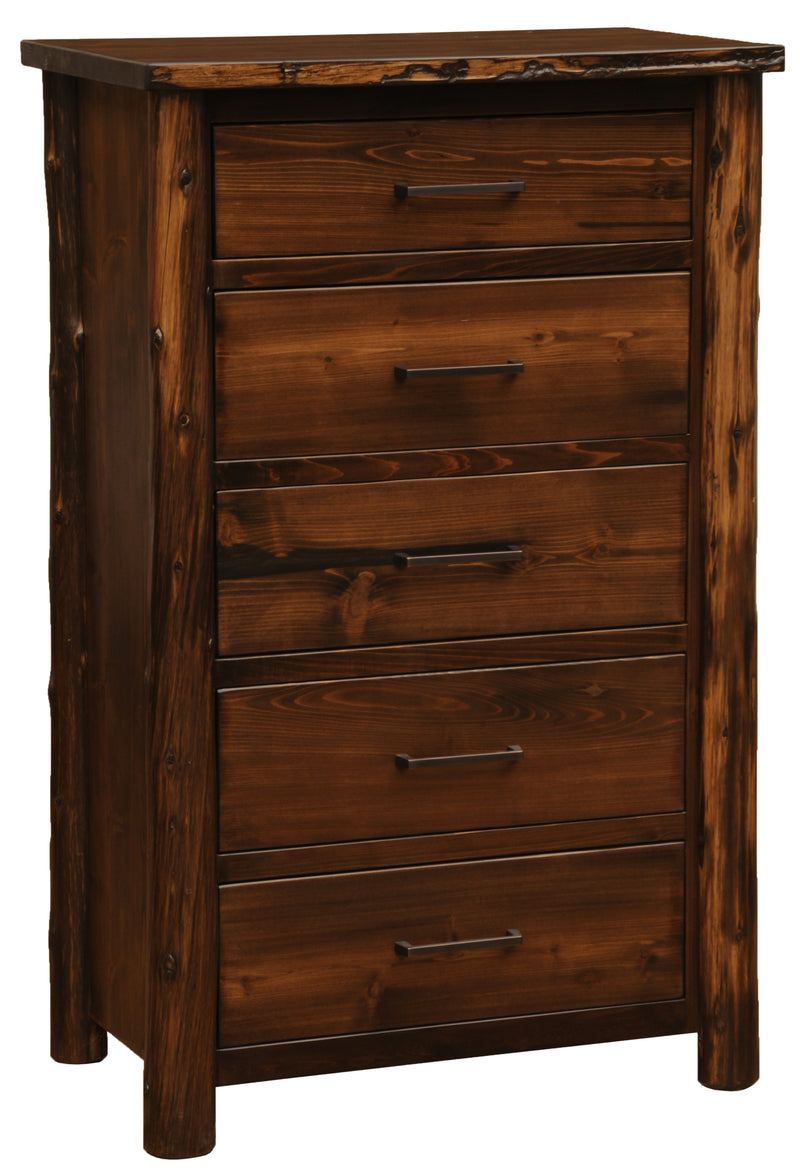 Angled view of the tall Mount Powell Cedar Log Chest of Drawers in a dark stain with five drawers and log posts