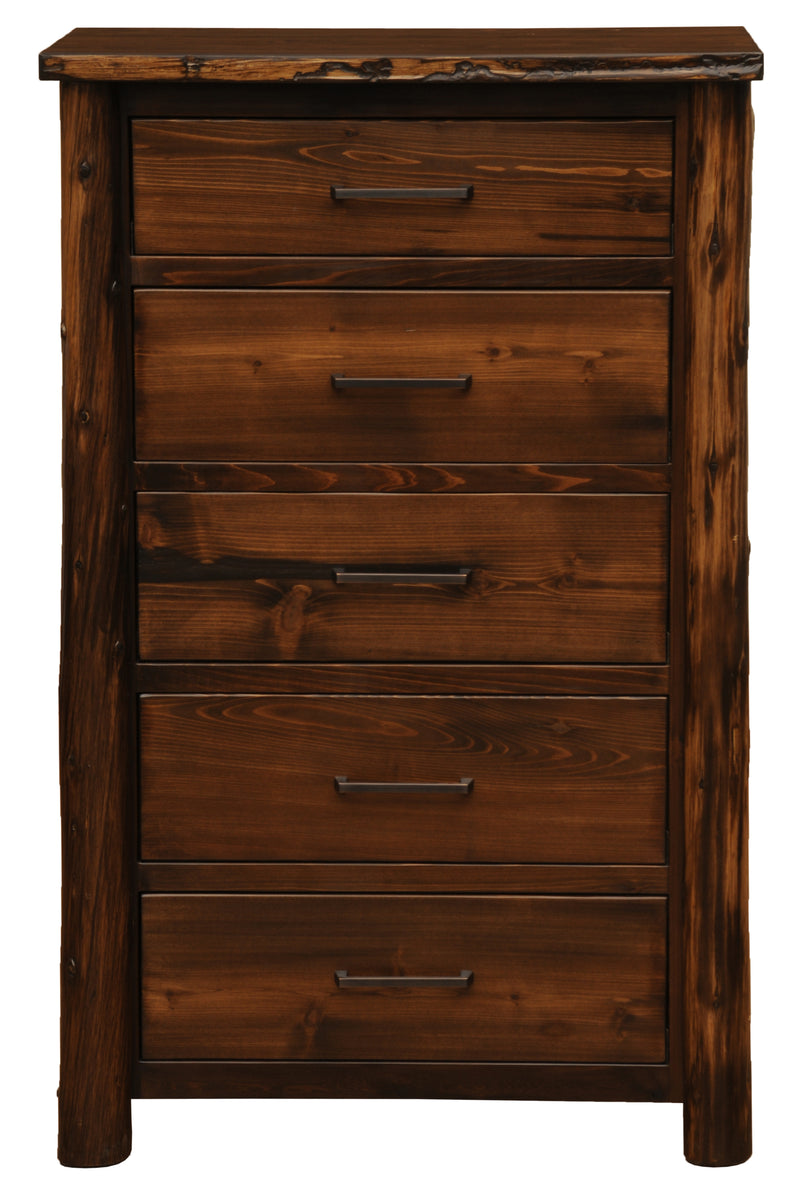 Front view of the Mount Powell Cedar Log Chest of Drawers showing five full-width drawers with bronze pulls
