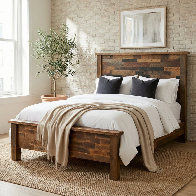 Mount Princeton Reclaimed Barnwood Bed with navy pillows and a cream throw in a bright bedroom with a woven rug