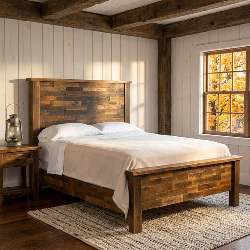 Mount Princeton Reclaimed Barnwood Bed staged in a farmhouse cabin bedroom with plank walls, barn beam ceiling, and fall window view