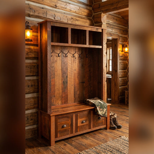 Mount Richthofen Reclaimed Barnwood Entry Locker in a rustic log cabin entryway