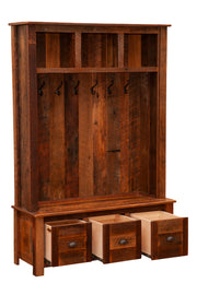 Angled view of the Mount Richthofen Reclaimed Barnwood Entry Locker with drawers open