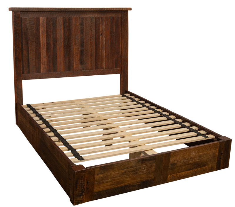 Angled view of the Mount Shavano Reclaimed Barnwood Platform Bed showing the reclaimed oak plank headboard and slatted platform