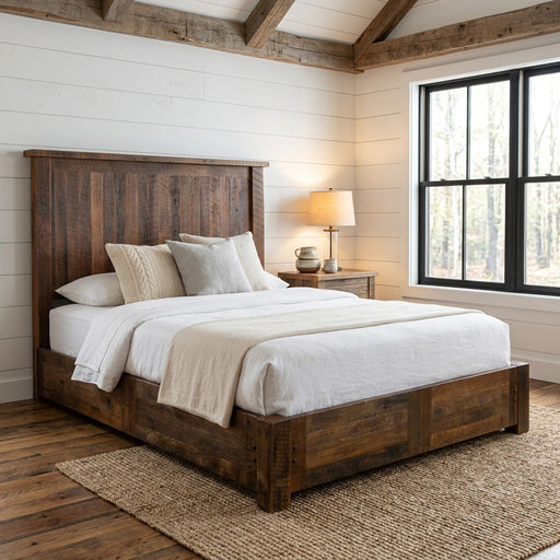 Mount Shavano Reclaimed Barnwood Platform Bed staged in a white shiplap farmhouse bedroom with wood ceiling beams and a jute rug