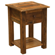 Angled view of the Mount Sheridan Reclaimed Barnwood Nightstand with Shelf showing the drawer and lower shelf