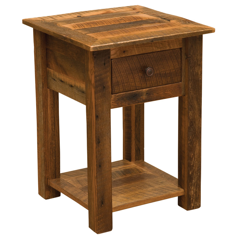 Angled view of the Mount Sheridan Reclaimed Barnwood Nightstand with Shelf showing the drawer and lower shelf