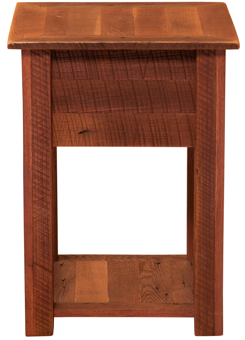 Back view of the Mount Sheridan Reclaimed Barnwood Nightstand with Shelf showing the finished reclaimed oak back panel