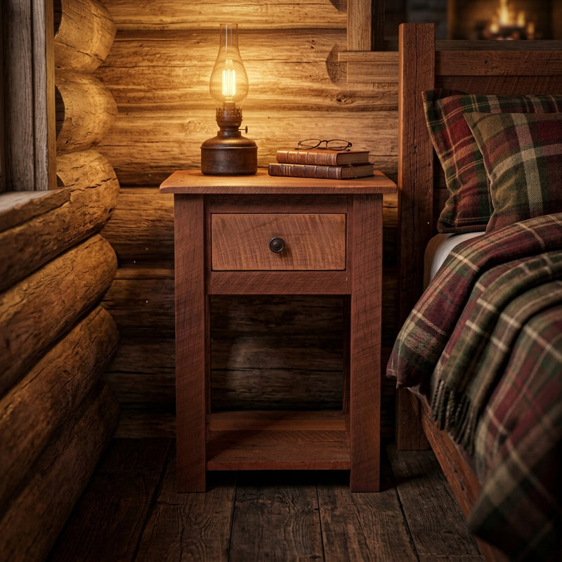 Mount Sheridan Reclaimed Barnwood Nightstand with Shelf with an oil lamp beside a plaid bed in a log cabin
