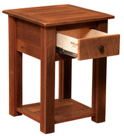 Angled view of the Mount Sheridan Reclaimed Barnwood Nightstand with Shelf with the dovetailed drawer open