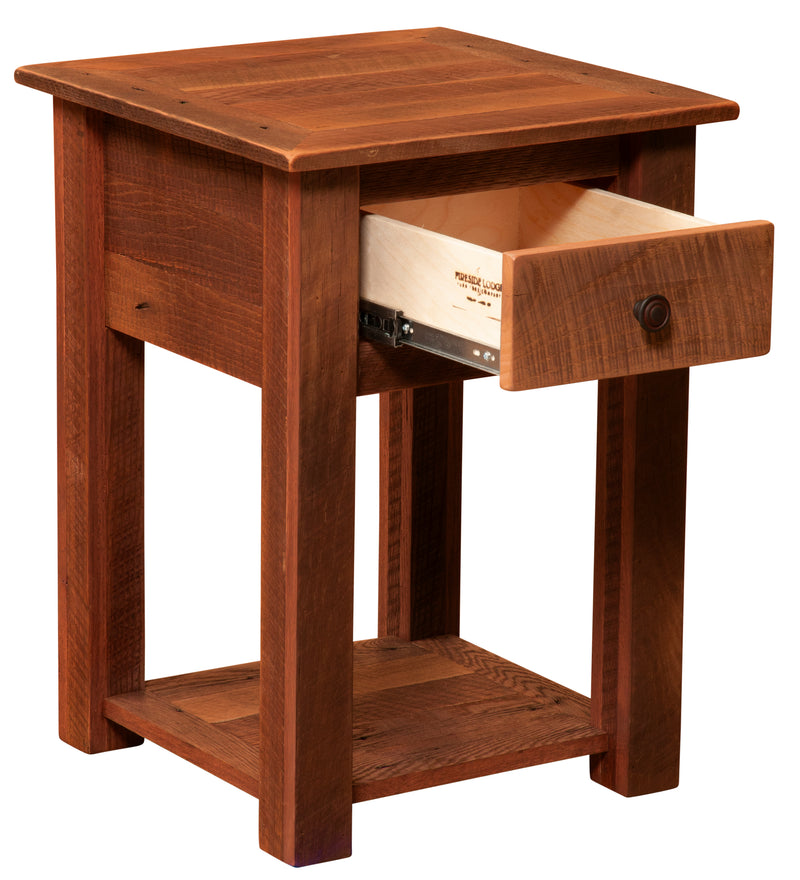 Angled view of the Mount Sheridan Reclaimed Barnwood Nightstand with Shelf with the dovetailed drawer open
