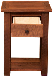 Front view of the Mount Sheridan Reclaimed Barnwood Nightstand with Shelf with the drawer pulled out