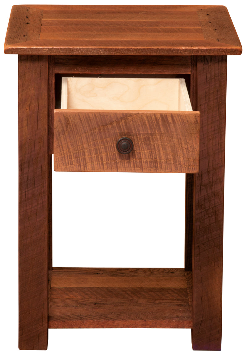 Front view of the Mount Sheridan Reclaimed Barnwood Nightstand with Shelf with the drawer pulled out
