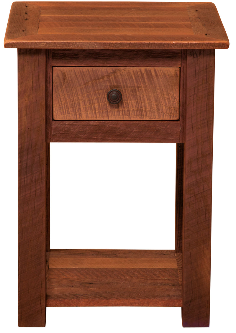 Front view of the Mount Sheridan Reclaimed Barnwood Nightstand with Shelf with drawer and open shelf