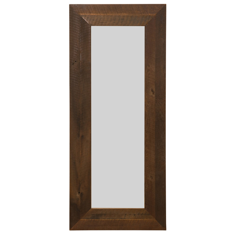 Angled view of the Mount Silex Reclaimed Barnwood Floor Mirror
