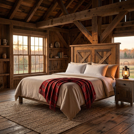 Mount Silverheels Barnwood Barn Door Headboard in a timber-beamed barn loft bedroom with a red plaid throw and lantern
