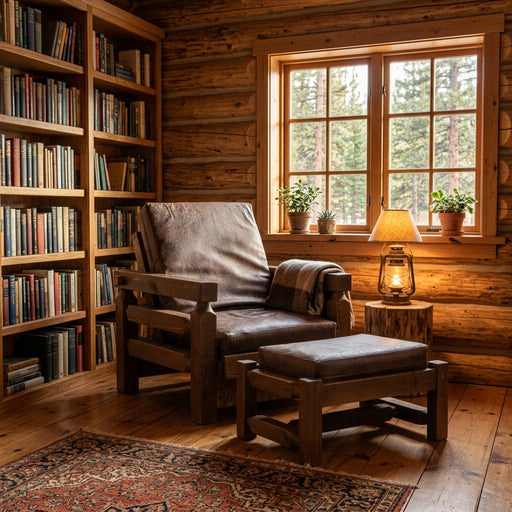 Mount Silverthorne Pine Futon Chair and Ottoman staged in a cozy rustic log cabin reading nook