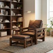 Mount Silverthorne Pine Futon Chair and Ottoman with brown cushions in a cabin reading nook