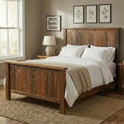 Mount Sneffels Reclaimed Barnwood Bed in a bright farmhouse bedroom with white bedding and a woven rug