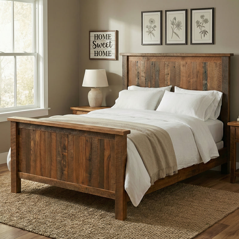 Mount Sneffels Reclaimed Barnwood Bed in a bright farmhouse bedroom with white bedding and a woven rug
