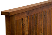Close-up of the Mount Sneffels Reclaimed Barnwood Bed footboard post and reclaimed barnwood grain