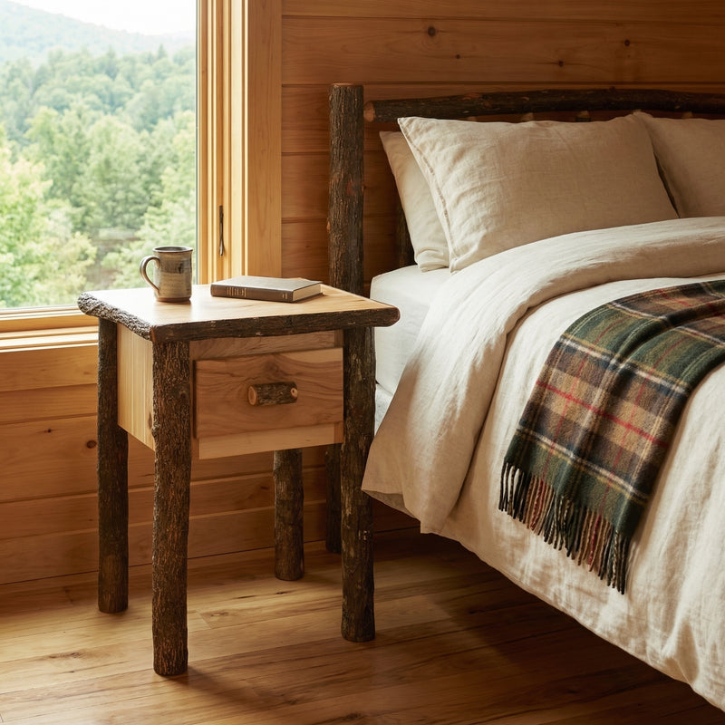 Mount Sniktau Hickory Log One Drawer Nightstand in Natural beside a bed with a plaid blanket near a sunny window