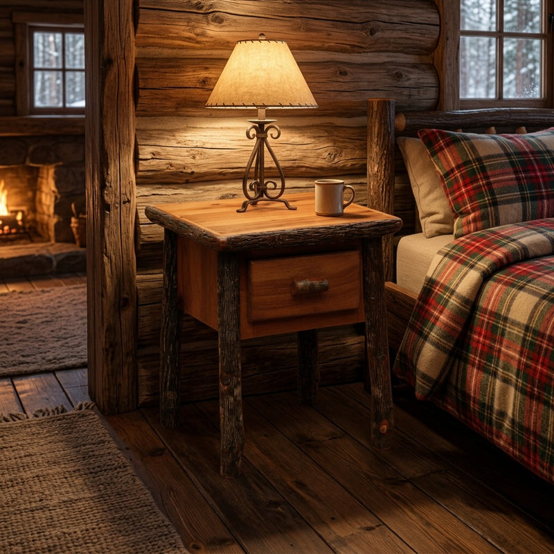 Mount Sniktau Hickory Log One Drawer Nightstand with a table lamp beside a plaid bed in a log cabin bedroom
