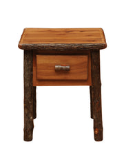 Front view of the Mount Sniktau Hickory Log One Drawer Nightstand in Cognac with a single drawer