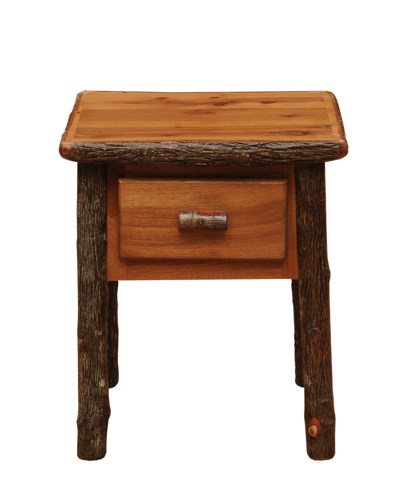 Front view of the Mount Sniktau Hickory Log One Drawer Nightstand in Cognac with a single drawer