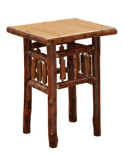 Angled view of the Mount Sopris Hickory Log Nightstand in Natural showing hickory spindle side panels